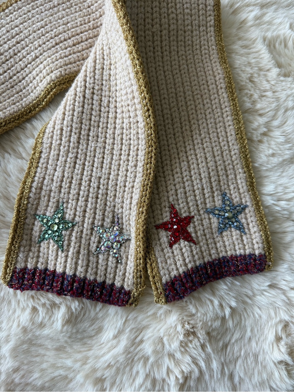 Gucci Cream Knit Kids Scarf with Gold Trim and Multicolor Sequin Stars